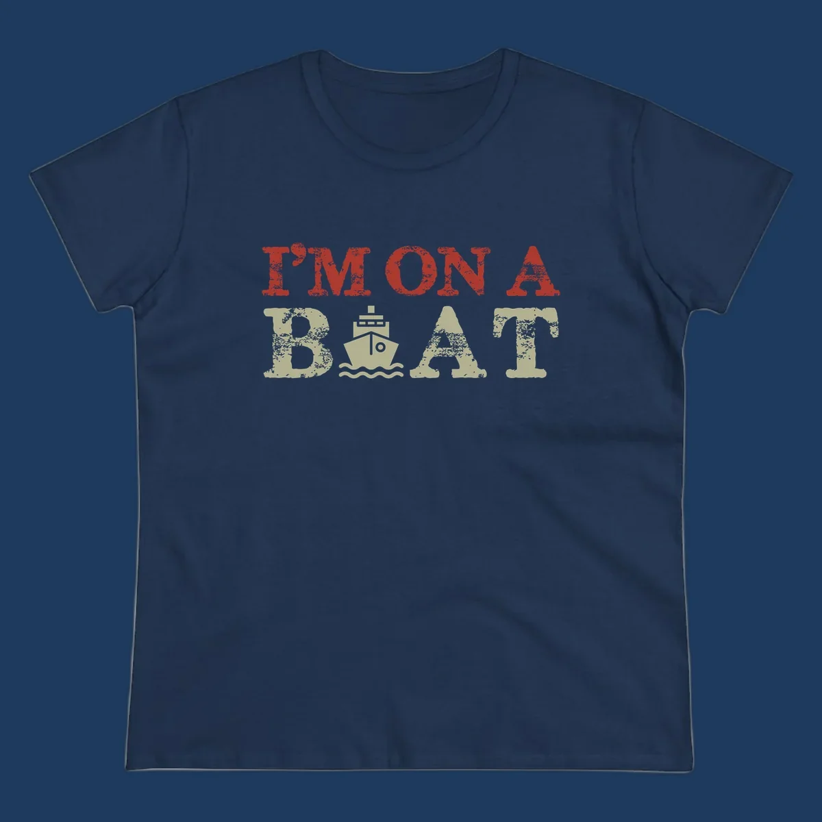 Red and cream distressed design featuring 'I'm On A Boat' text with ship and wave icons for cruise vacation apparel