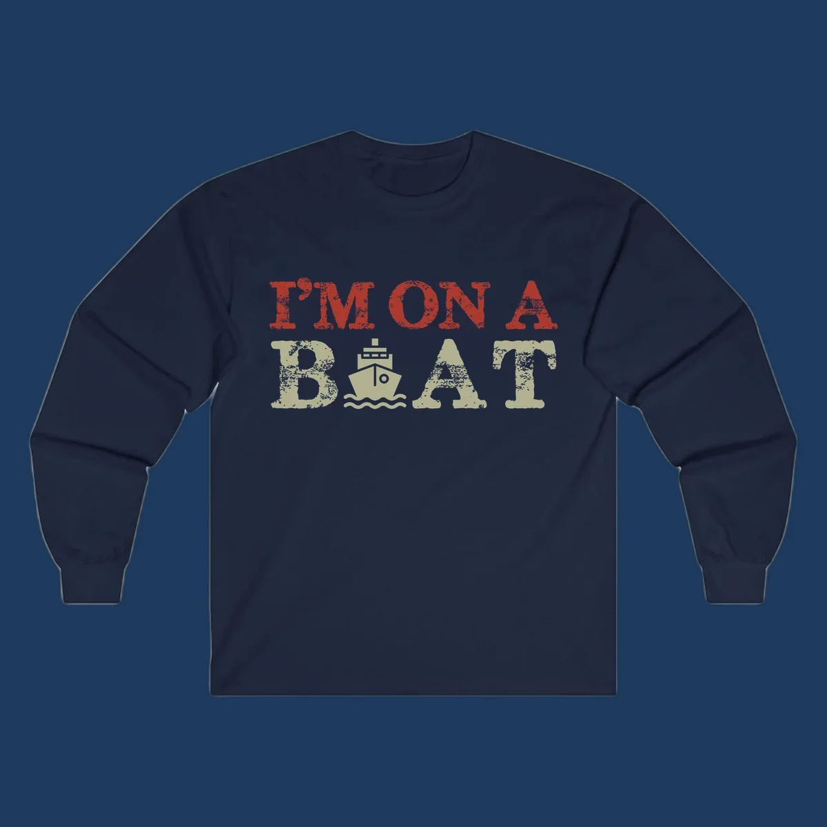 Red and cream distressed design featuring 'I'm On A Boat' text with ship and wave icons for cruise vacation apparel