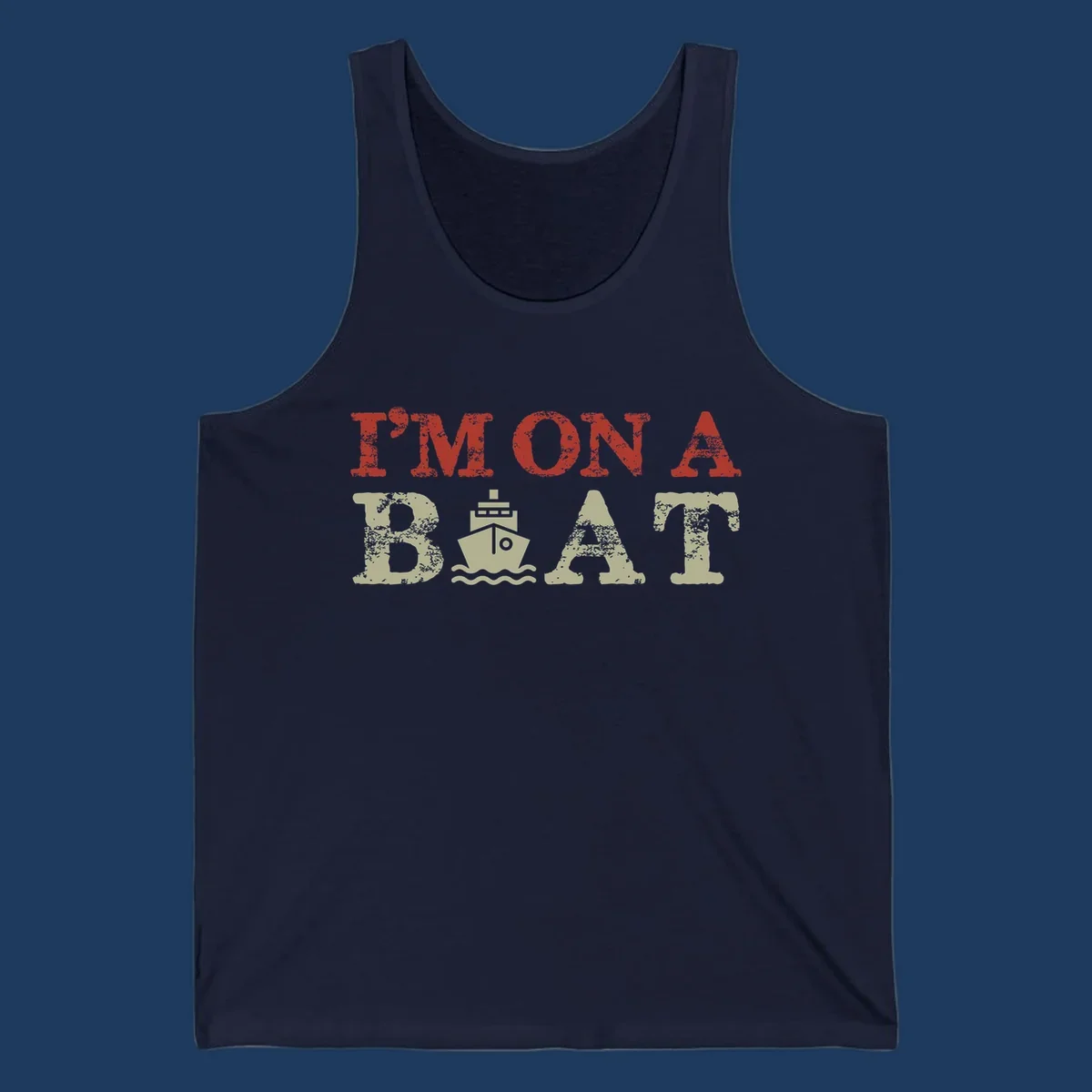 Red and cream distressed design featuring 'I'm On A Boat' text with ship and wave icons for cruise vacation apparel