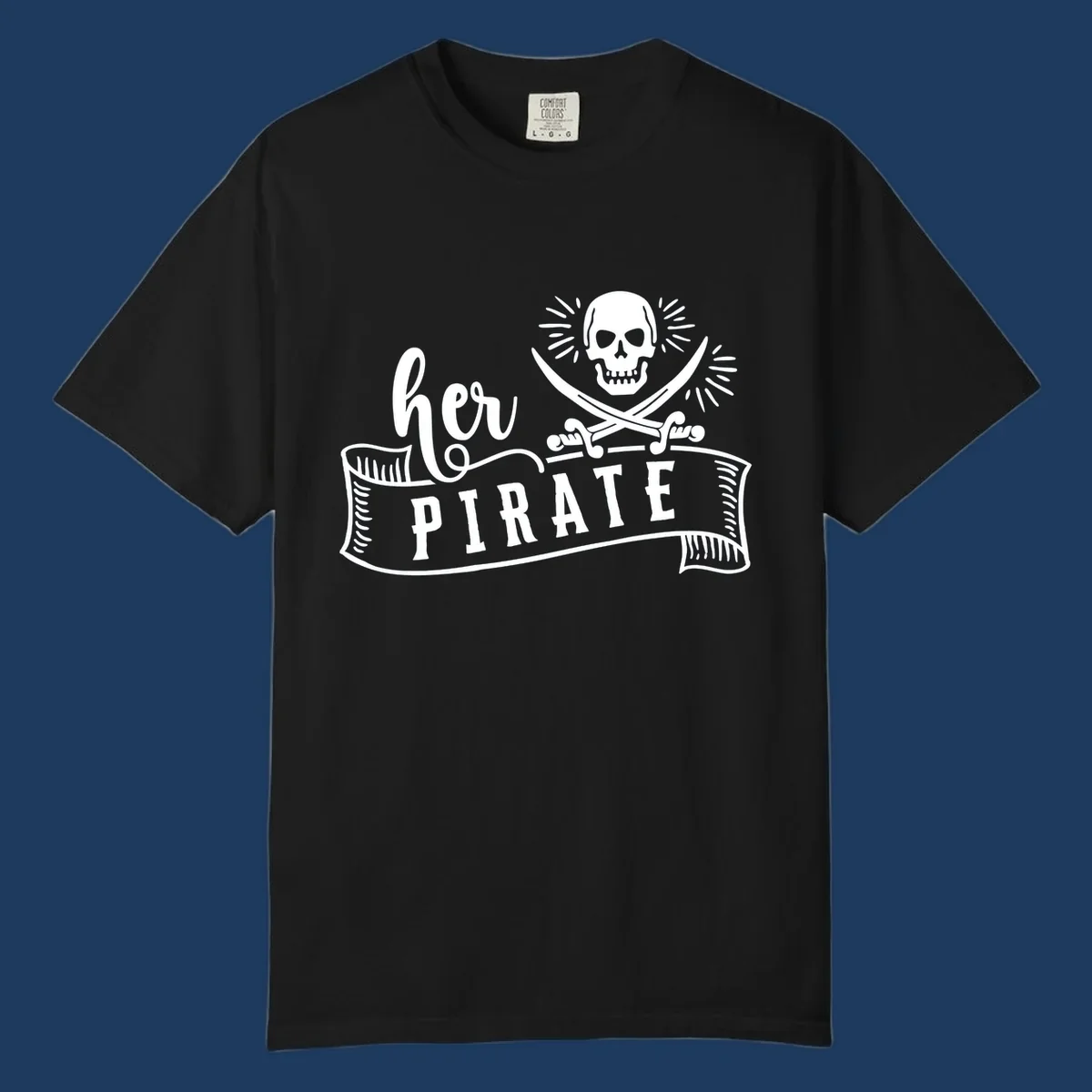 Vintage-style pirate skull with crossed swords and 'Ahoy PIRATE' text banner design