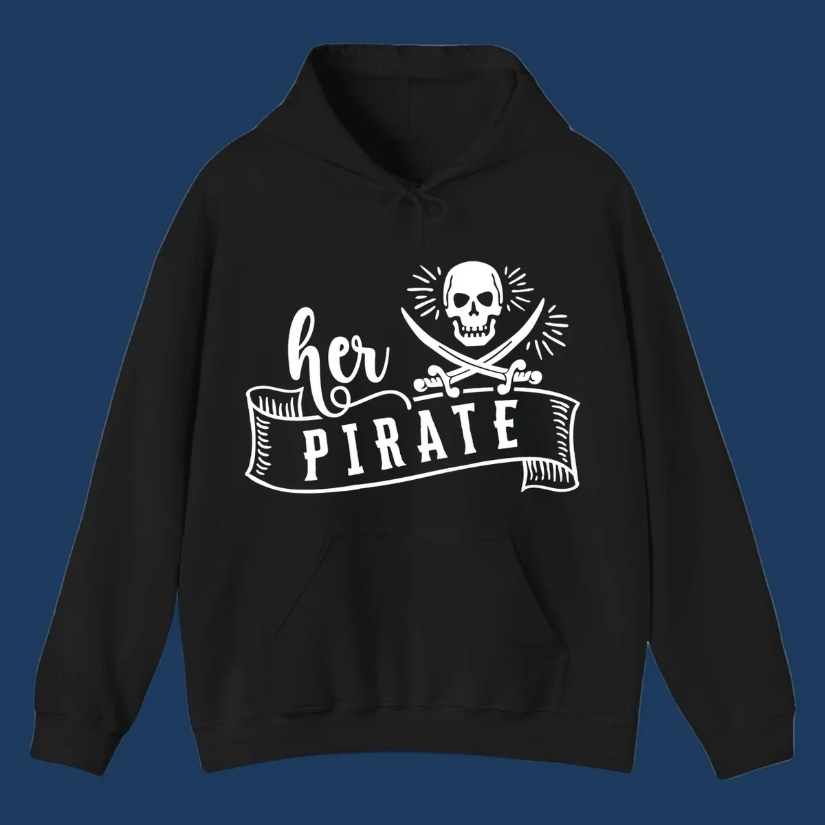Vintage-style pirate skull with crossed swords and 'Ahoy PIRATE' text banner design