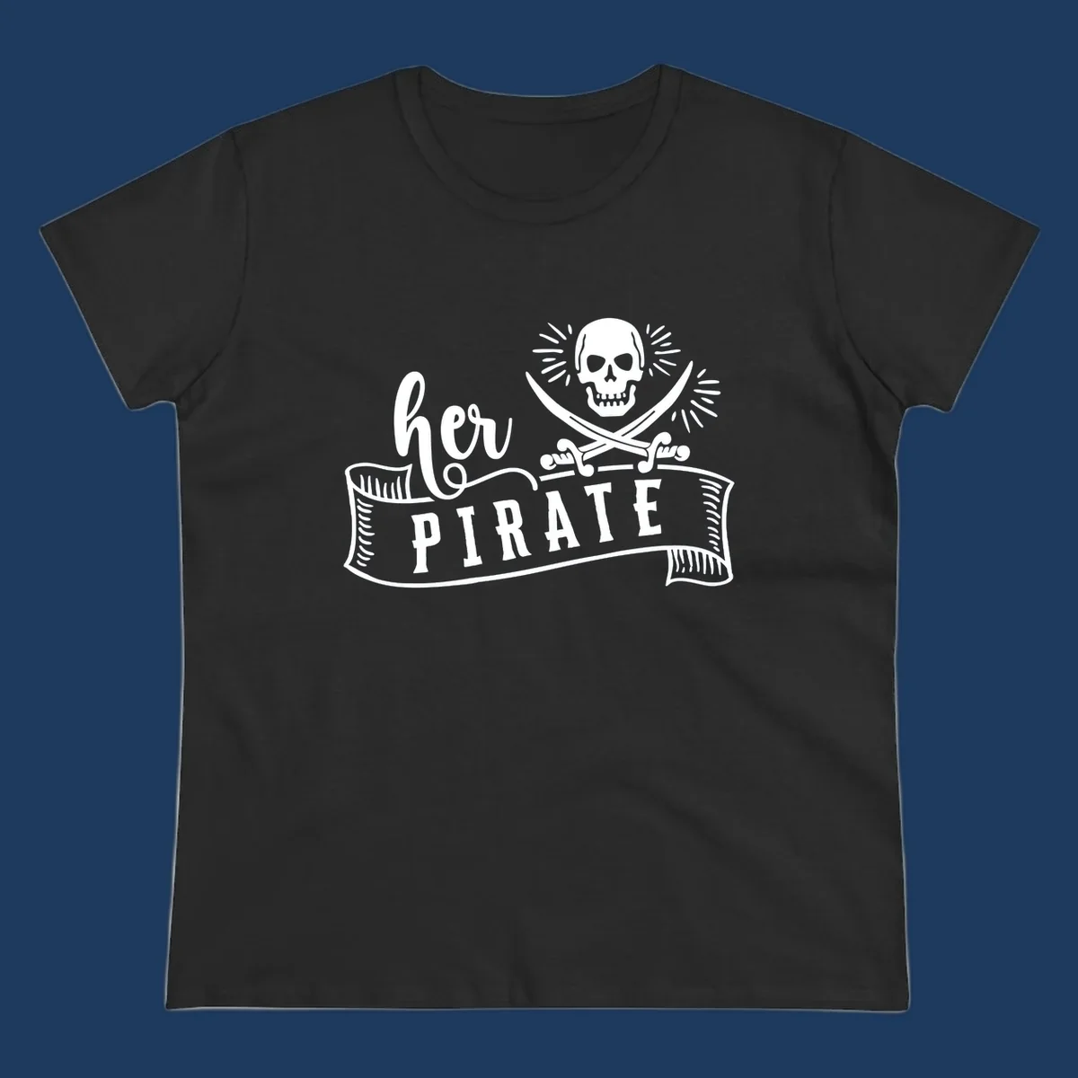 Vintage-style pirate skull with crossed swords and 'Ahoy PIRATE' text banner design