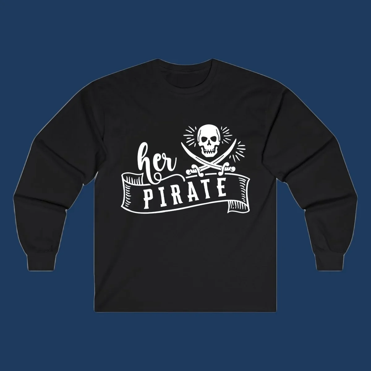 Vintage-style pirate skull with crossed swords and 'Ahoy PIRATE' text banner design