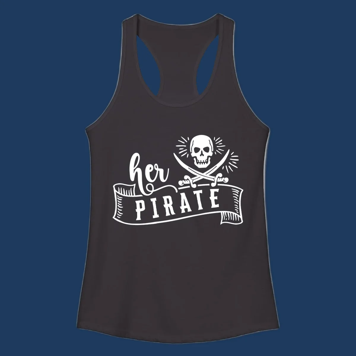 Vintage-style pirate skull with crossed swords and 'Ahoy PIRATE' text banner design
