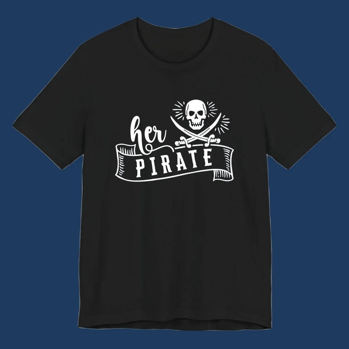 Vintage-style pirate skull with crossed swords and 'Ahoy PIRATE' text banner design