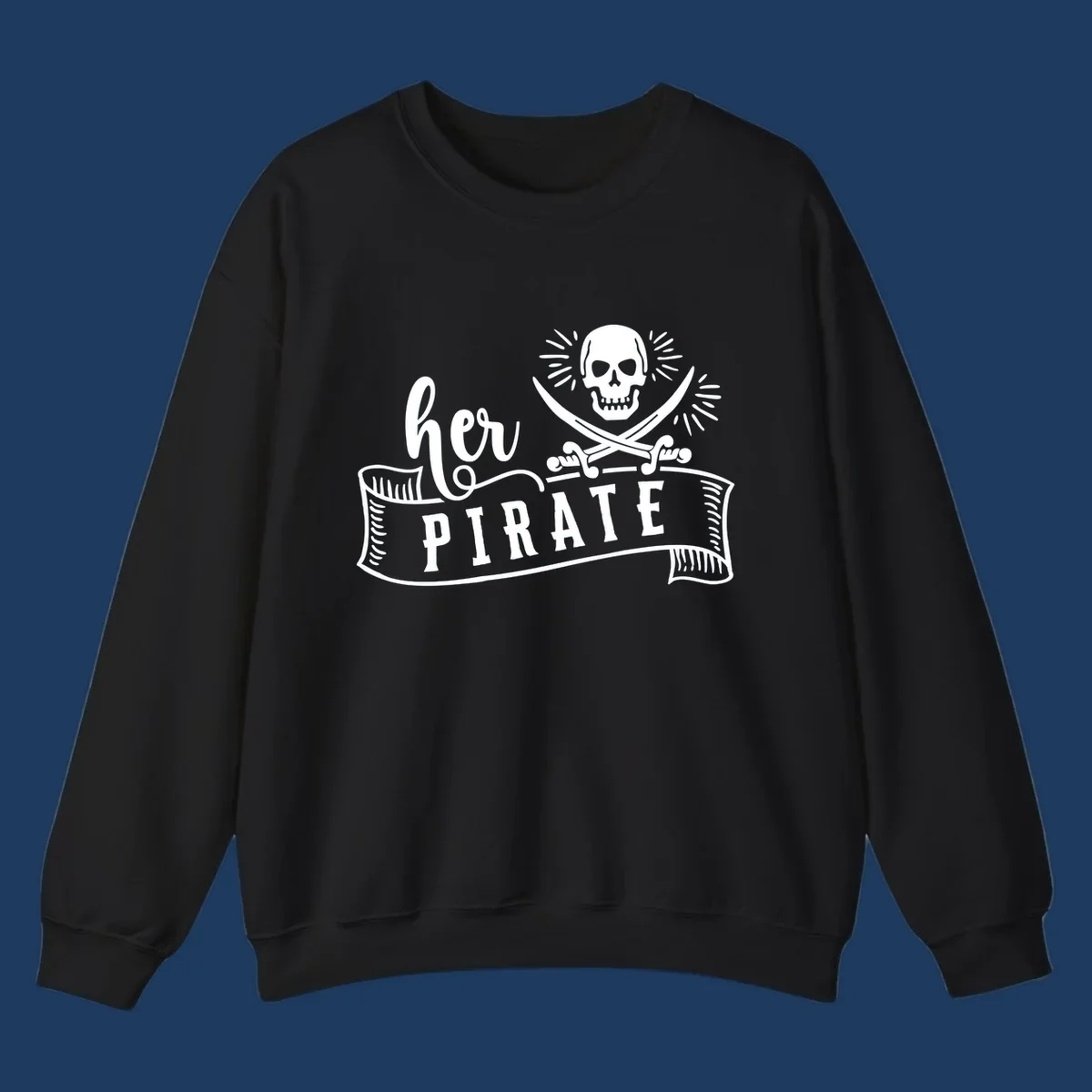 Vintage-style pirate skull with crossed swords and 'Ahoy PIRATE' text banner design