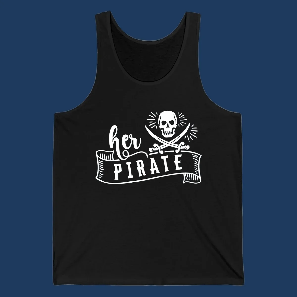 Vintage-style pirate skull with crossed swords and 'Ahoy PIRATE' text banner design