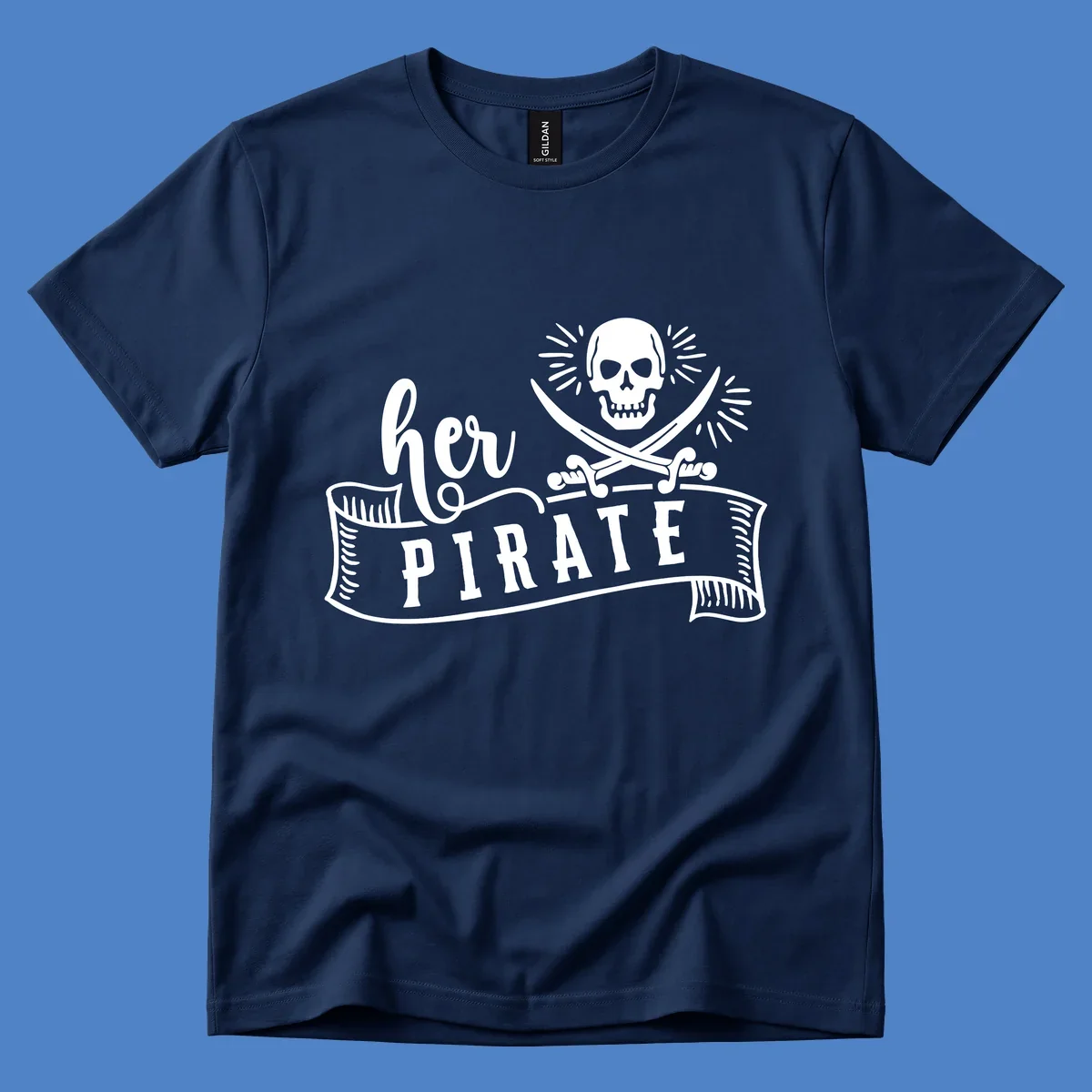 Vintage-style pirate skull with crossed swords and 'Ahoy PIRATE' text banner design