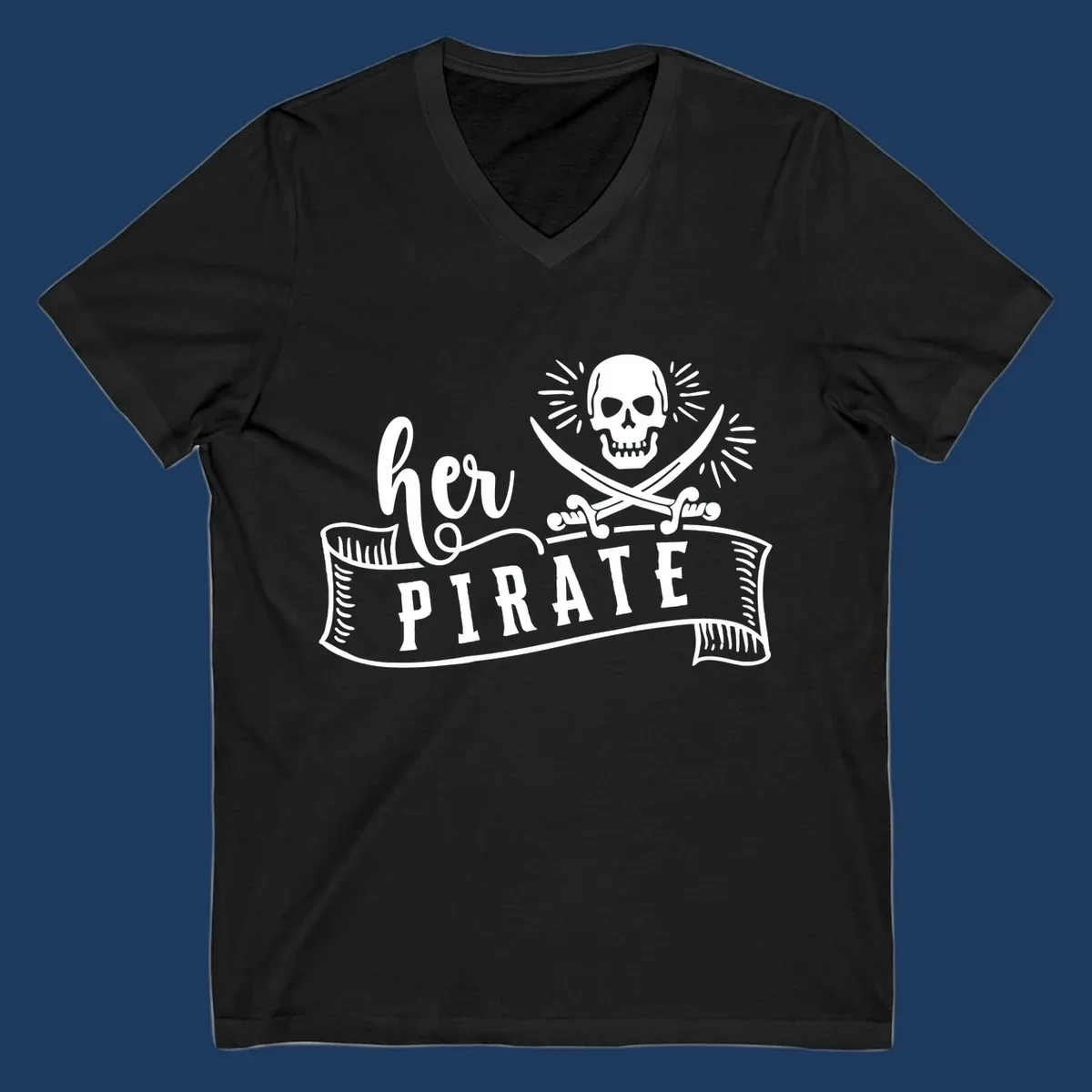 Vintage-style pirate skull with crossed swords and 'Ahoy PIRATE' text banner design