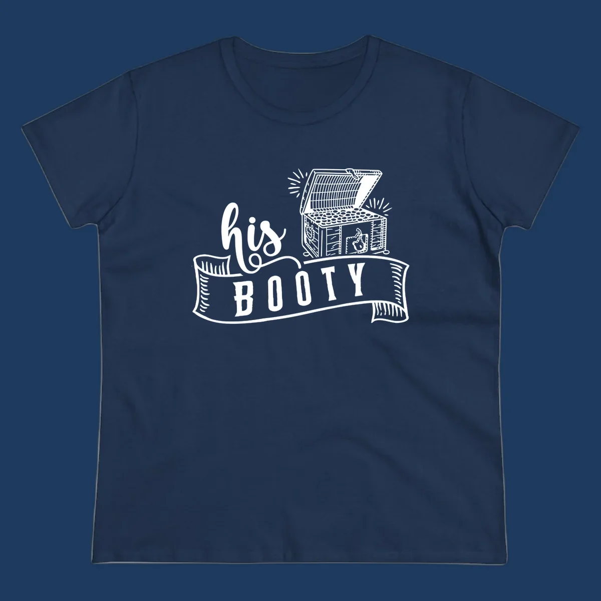 His booty cruise design with open treasure chest overflowing coins and radiating light rays in white on gray background