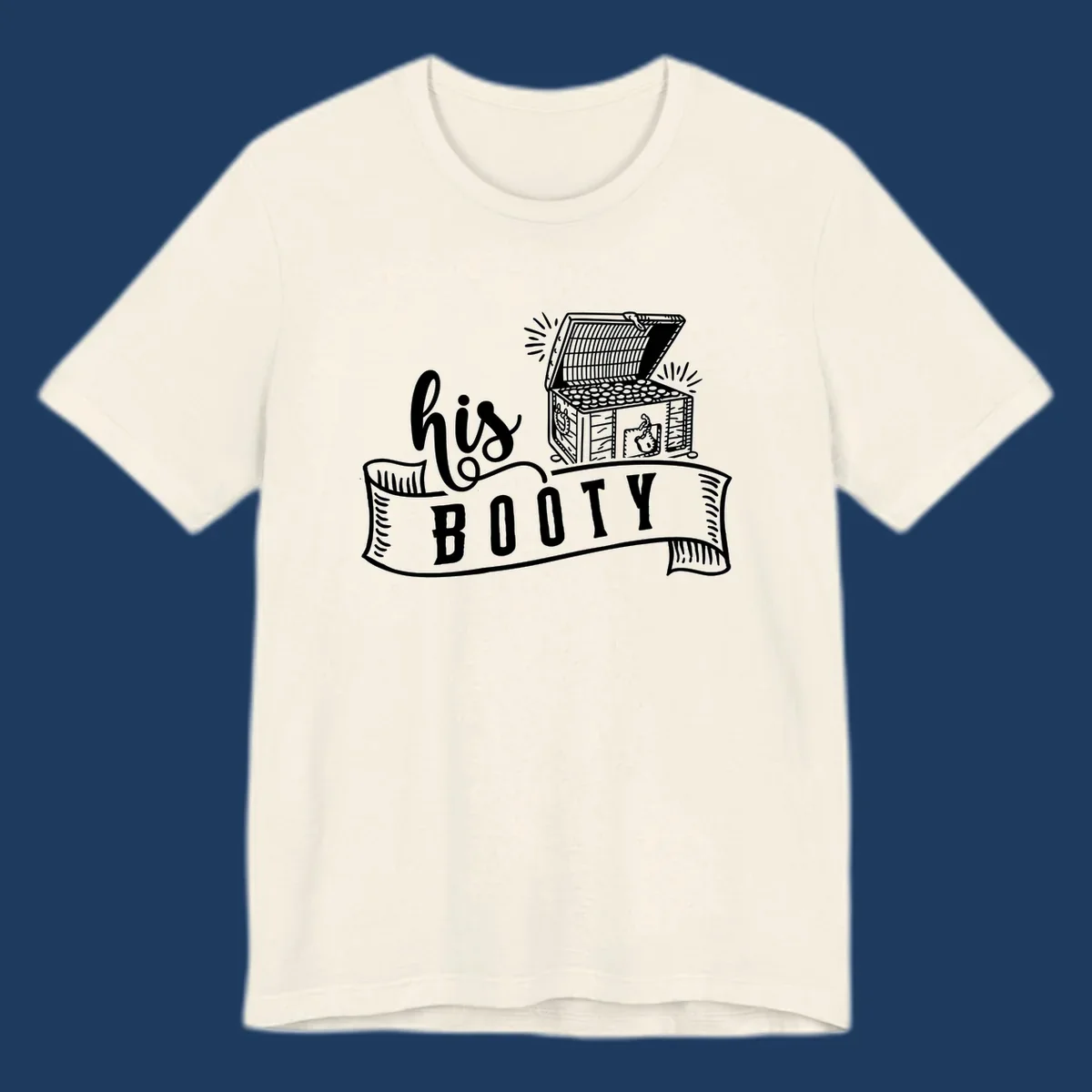 His booty cruise design with open treasure chest overflowing coins and radiating light rays in white on gray background