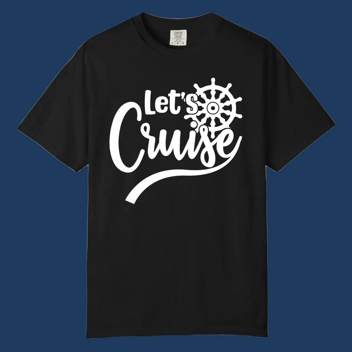 White nautical design with 'Let's So Swig' text and ship wheel on gray background
