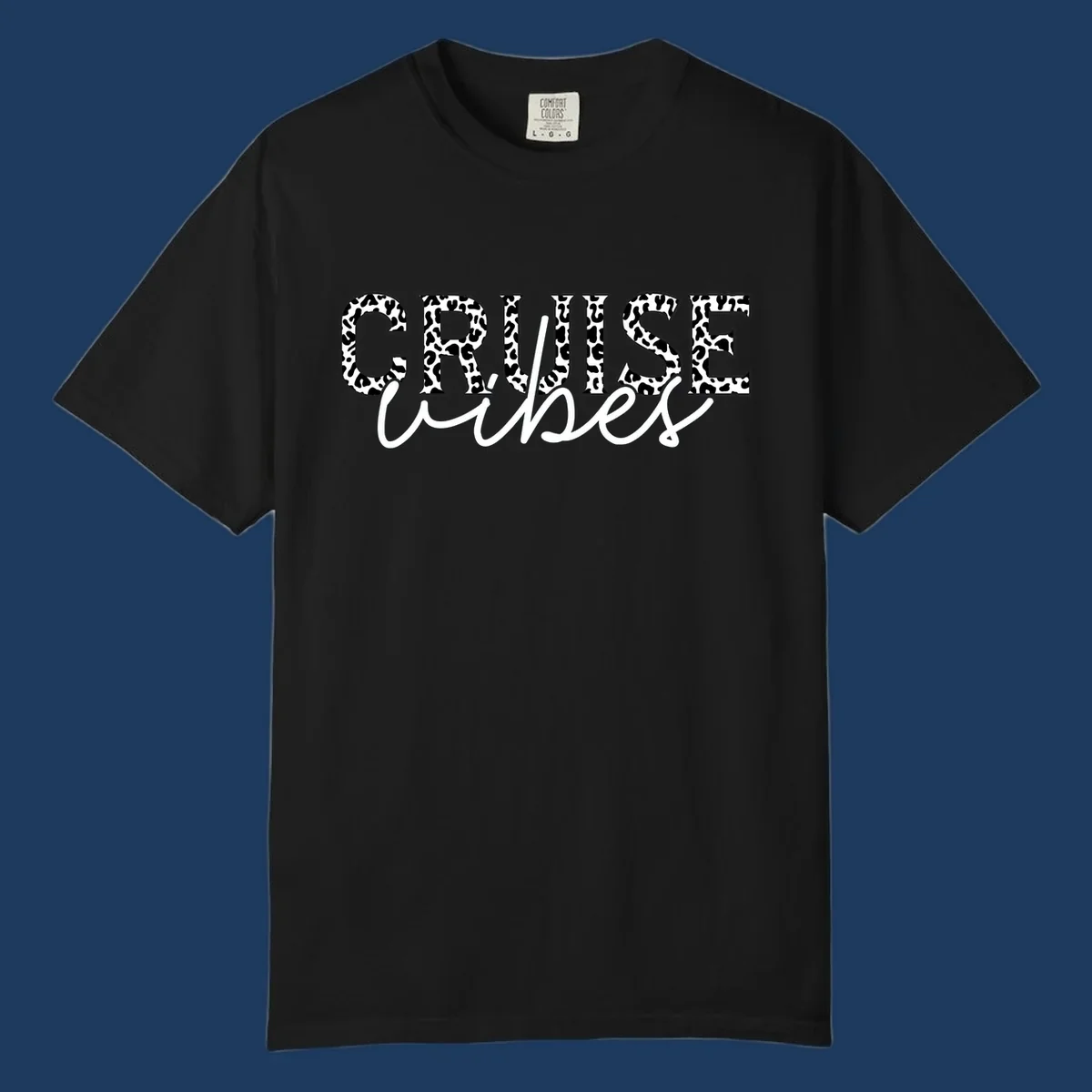 Cruise vibes leopard print design with bold black and white animal pattern lettering and cursive script