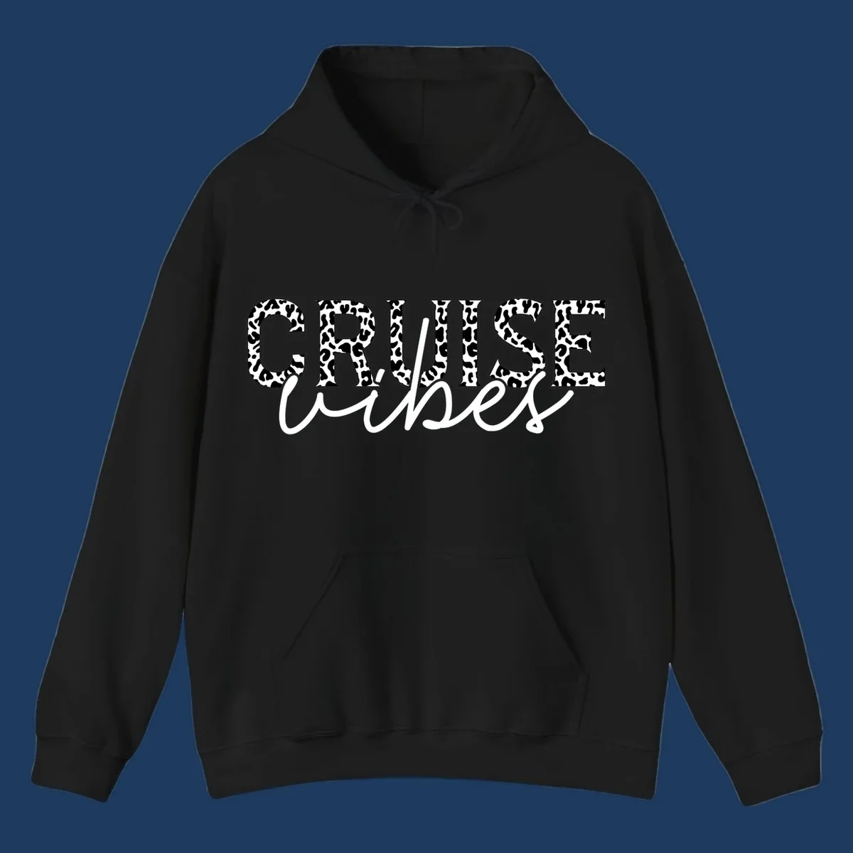 Cruise vibes leopard print design with bold black and white animal pattern lettering and cursive script