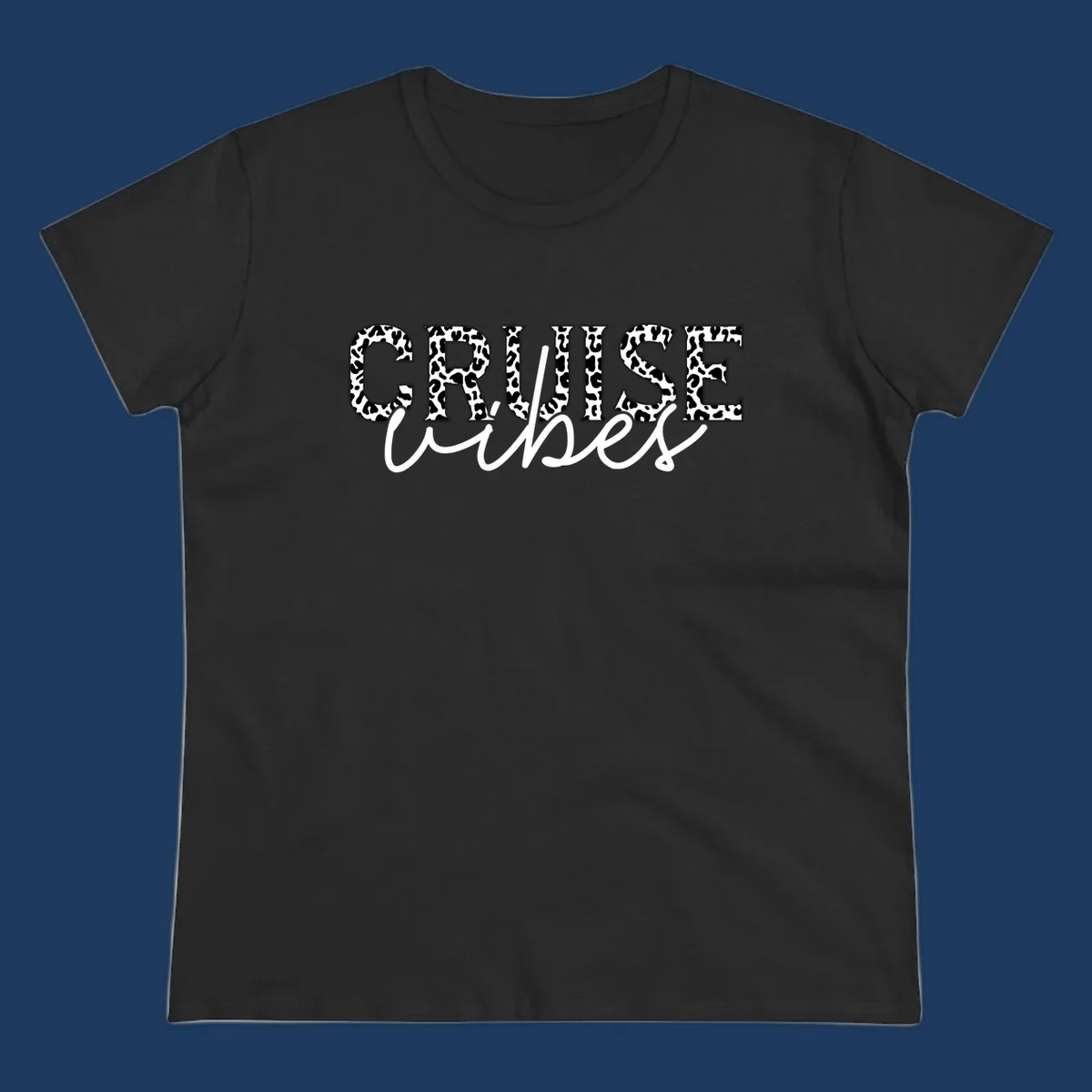 Cruise vibes leopard print design with bold black and white animal pattern lettering and cursive script