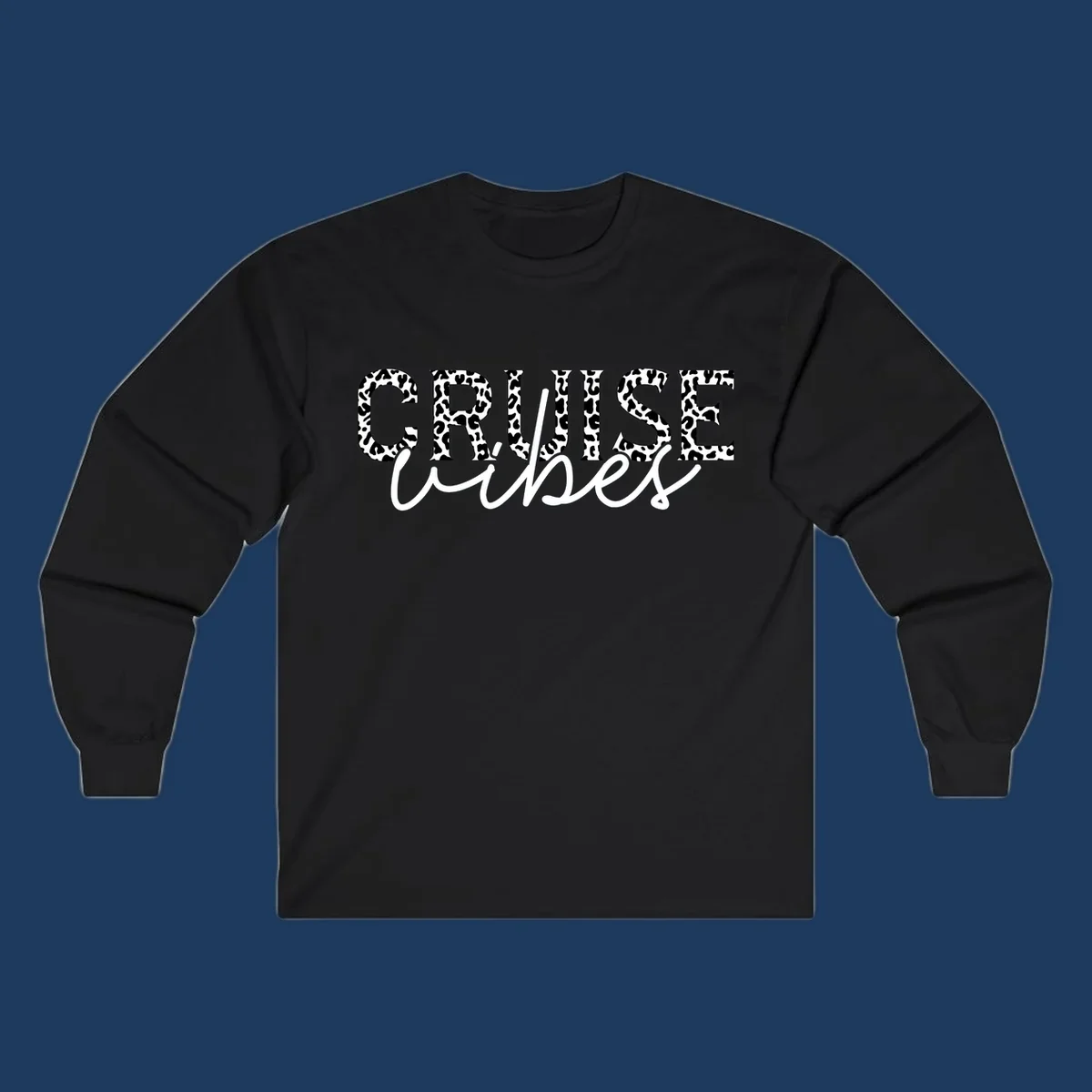 Cruise vibes leopard print design with bold black and white animal pattern lettering and cursive script