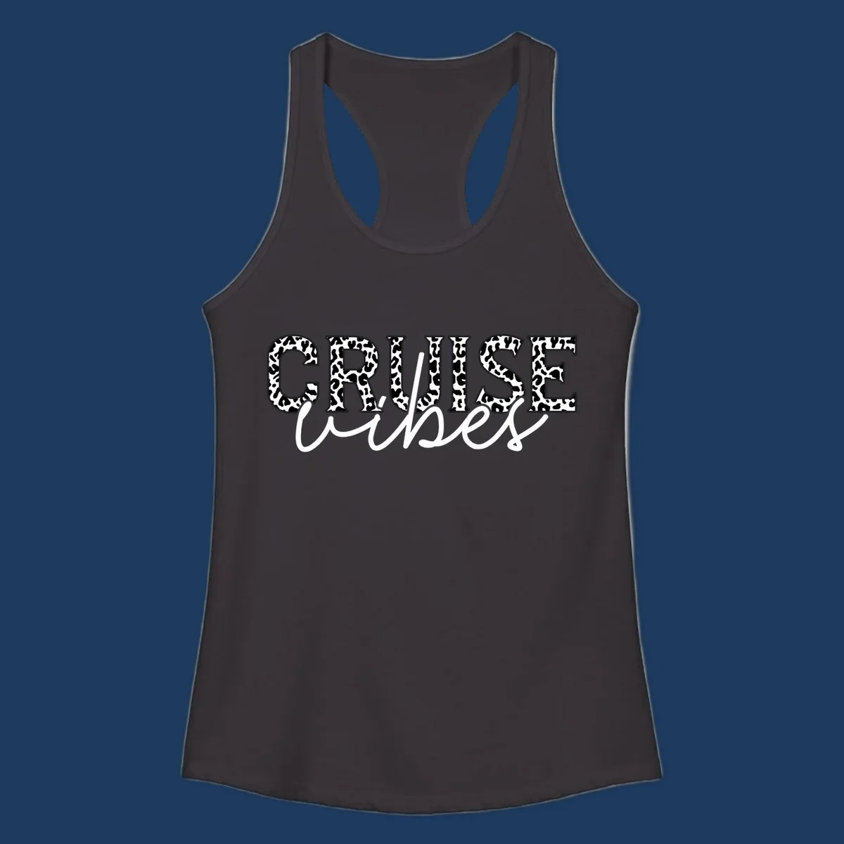 Cruise vibes leopard print design with bold black and white animal pattern lettering and cursive script