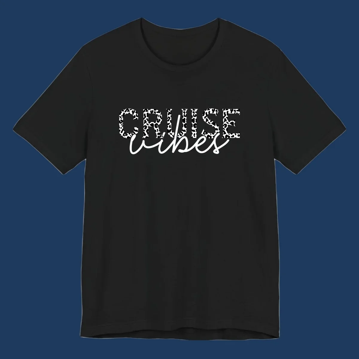 Cruise vibes leopard print design with bold black and white animal pattern lettering and cursive script