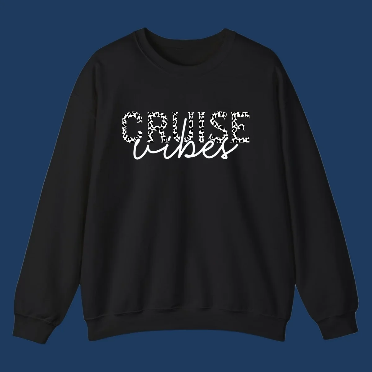 Cruise vibes leopard print design with bold black and white animal pattern lettering and cursive script