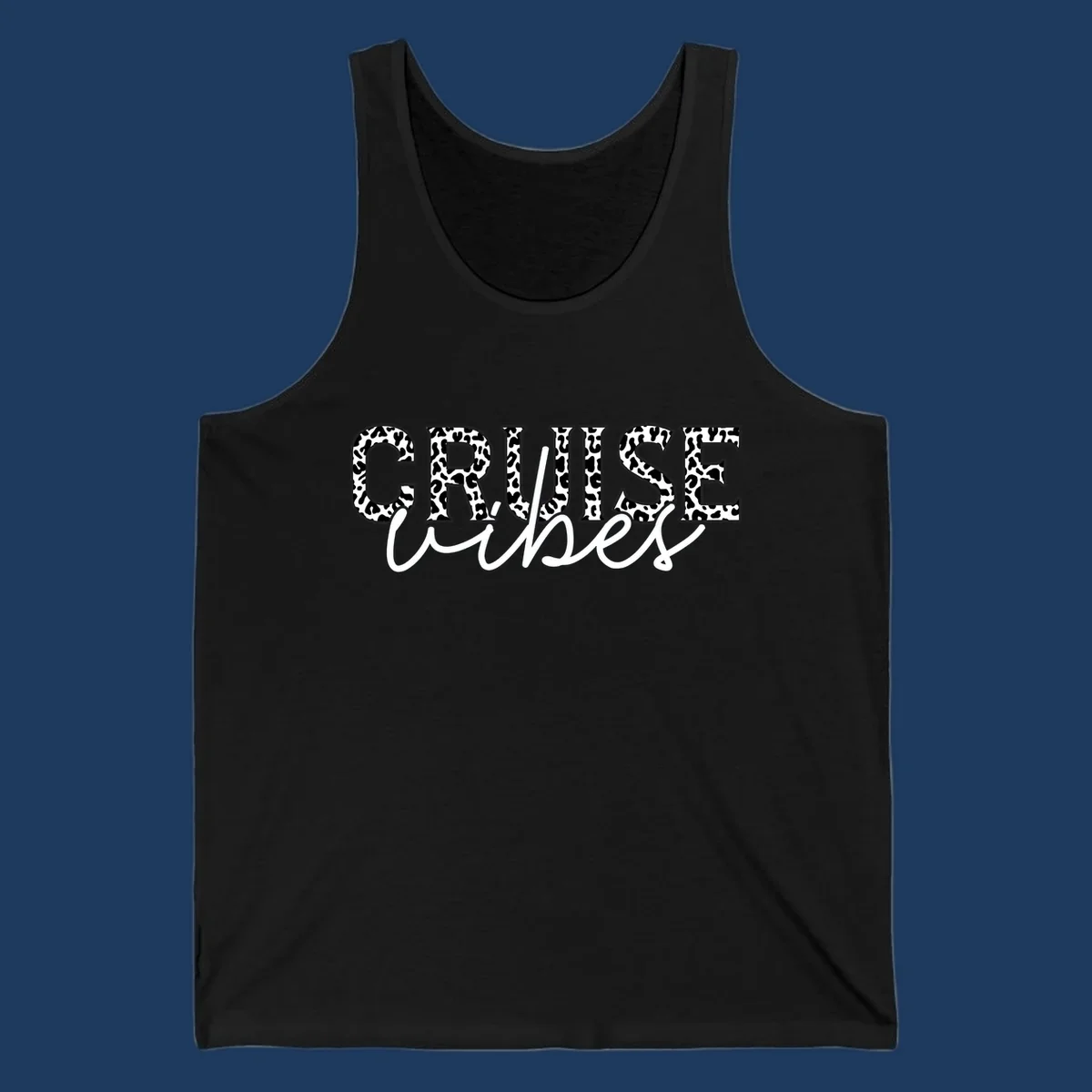 Cruise vibes leopard print design with bold black and white animal pattern lettering and cursive script