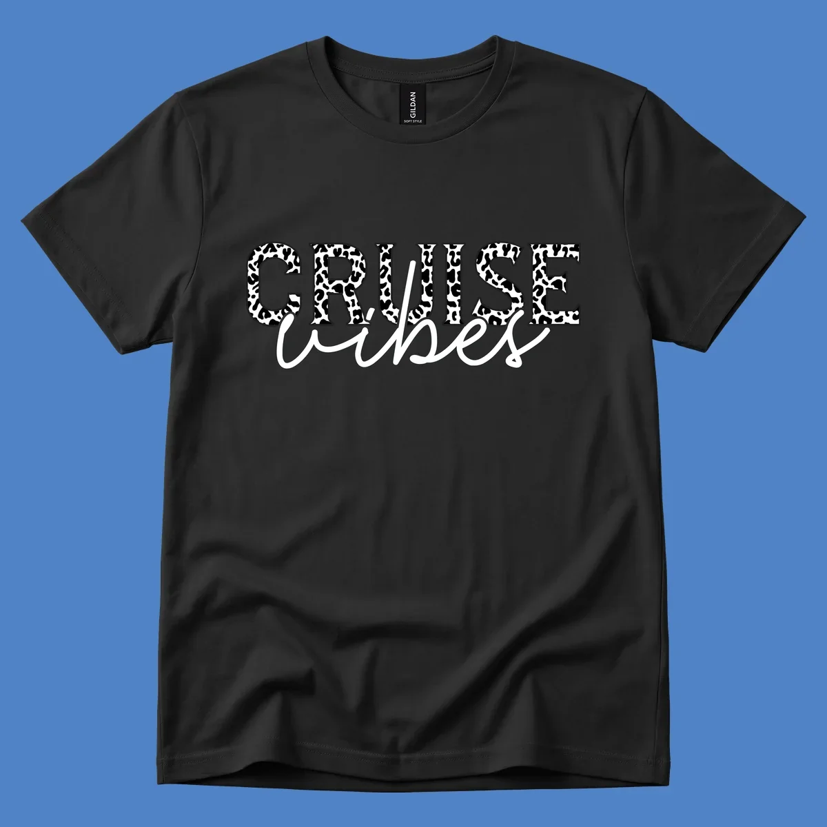 Cruise vibes leopard print design with bold black and white animal pattern lettering and cursive script