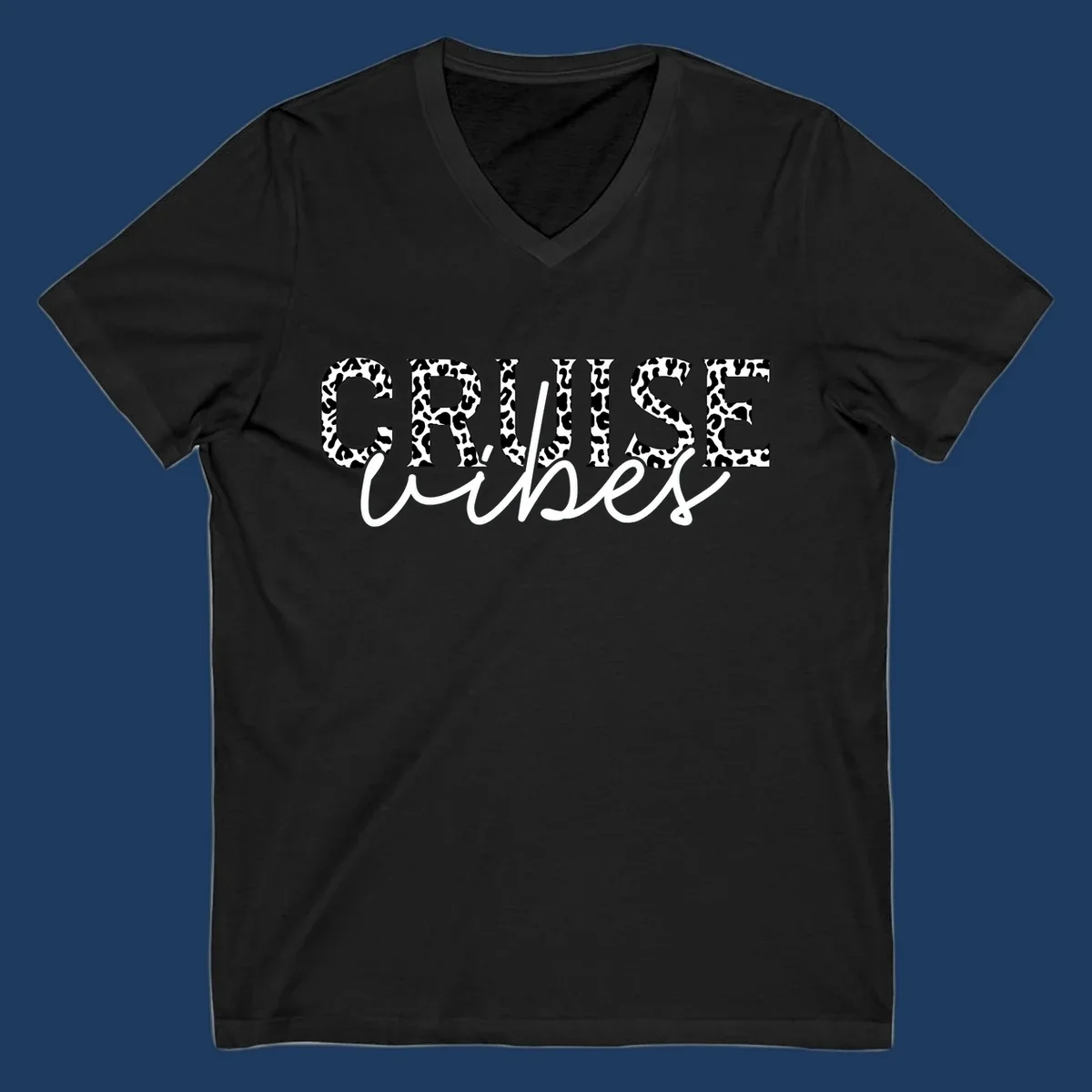 Cruise vibes leopard print design with bold black and white animal pattern lettering and cursive script