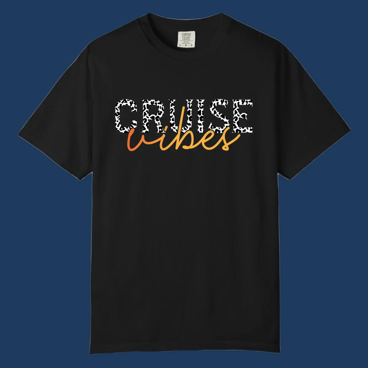 Leopard print text design reading 'CRUISE Vibes' in bold capitals and flowing script on gray background