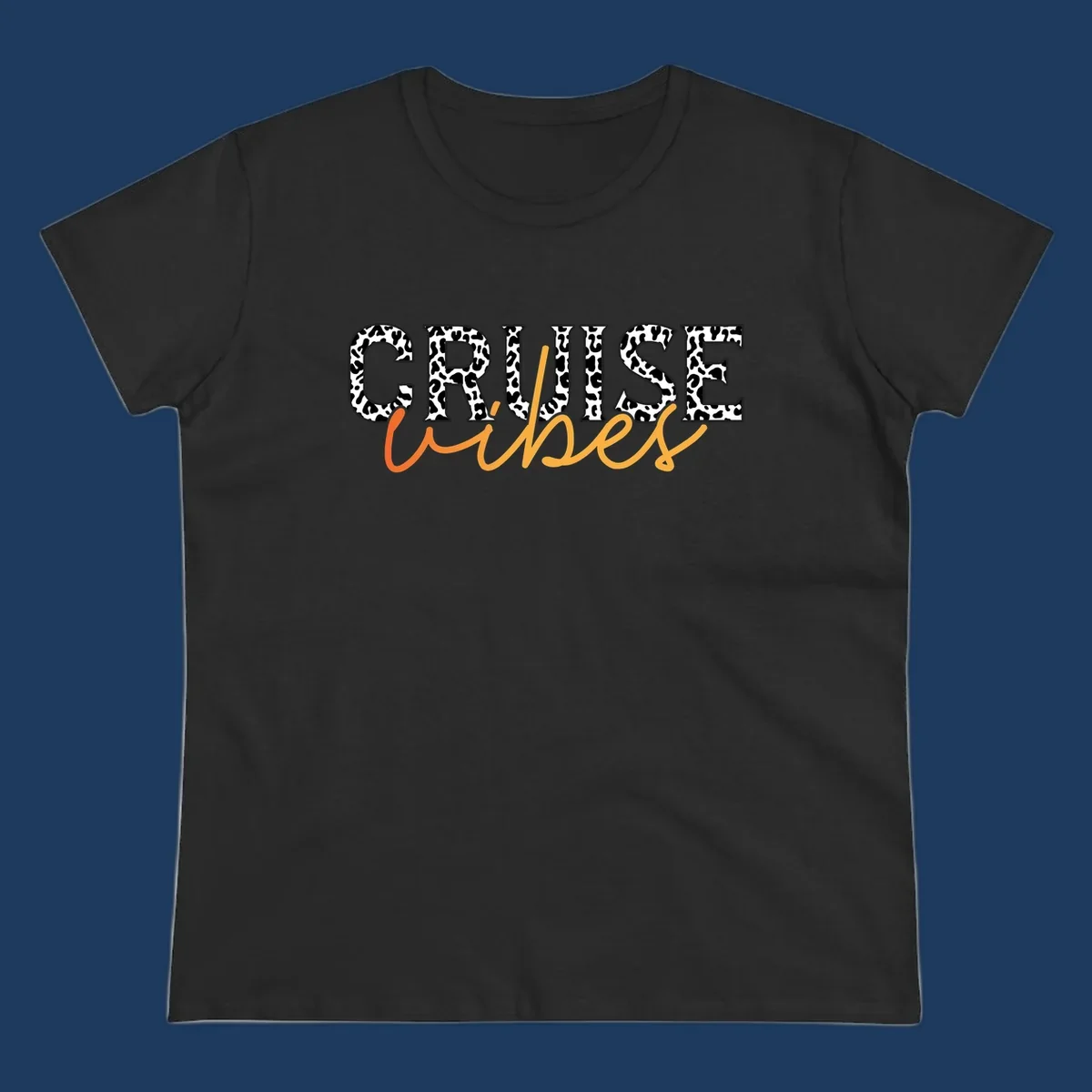 Leopard print text design reading 'CRUISE Vibes' in bold capitals and flowing script on gray background