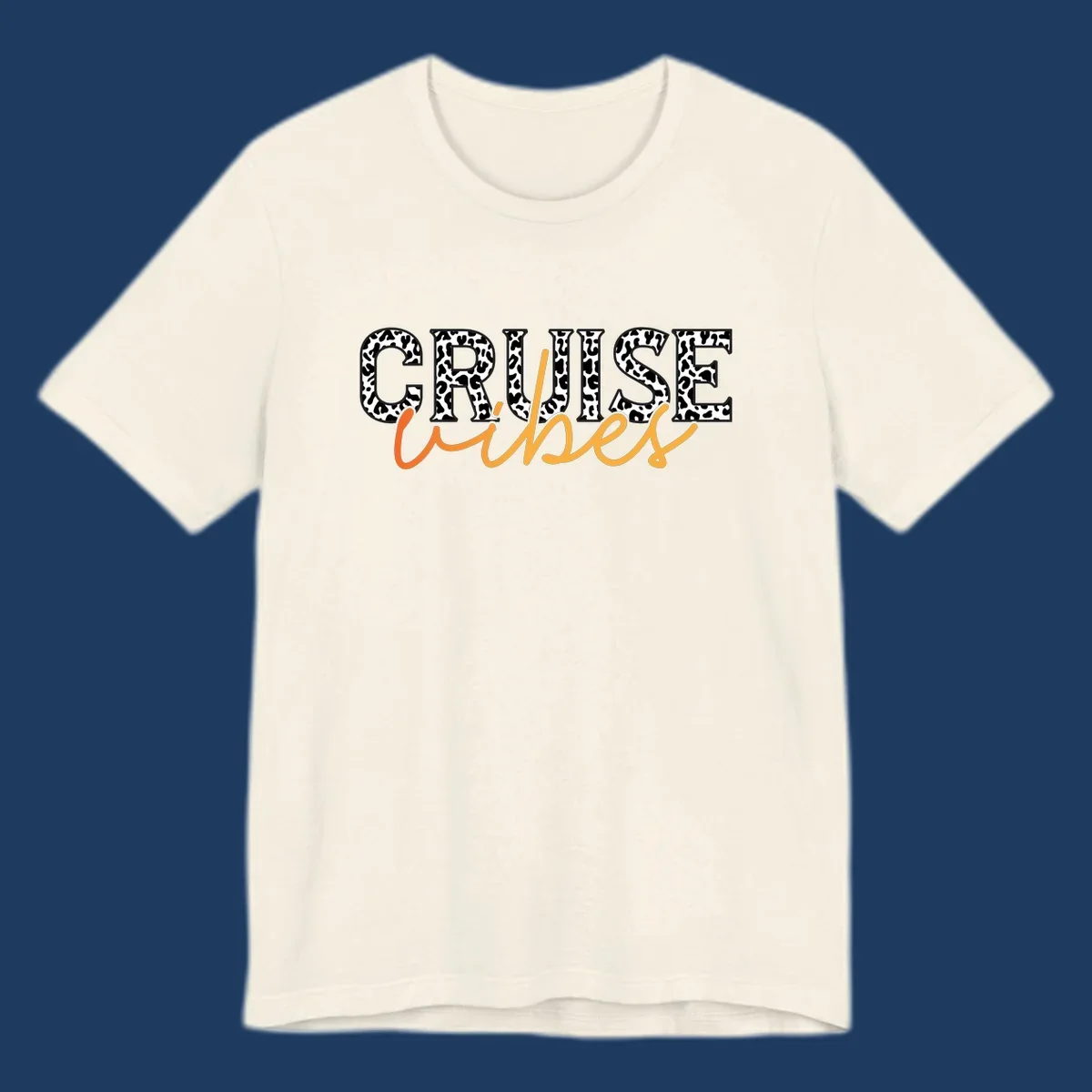 Leopard print text design reading 'CRUISE Vibes' in bold capitals and flowing script on gray background