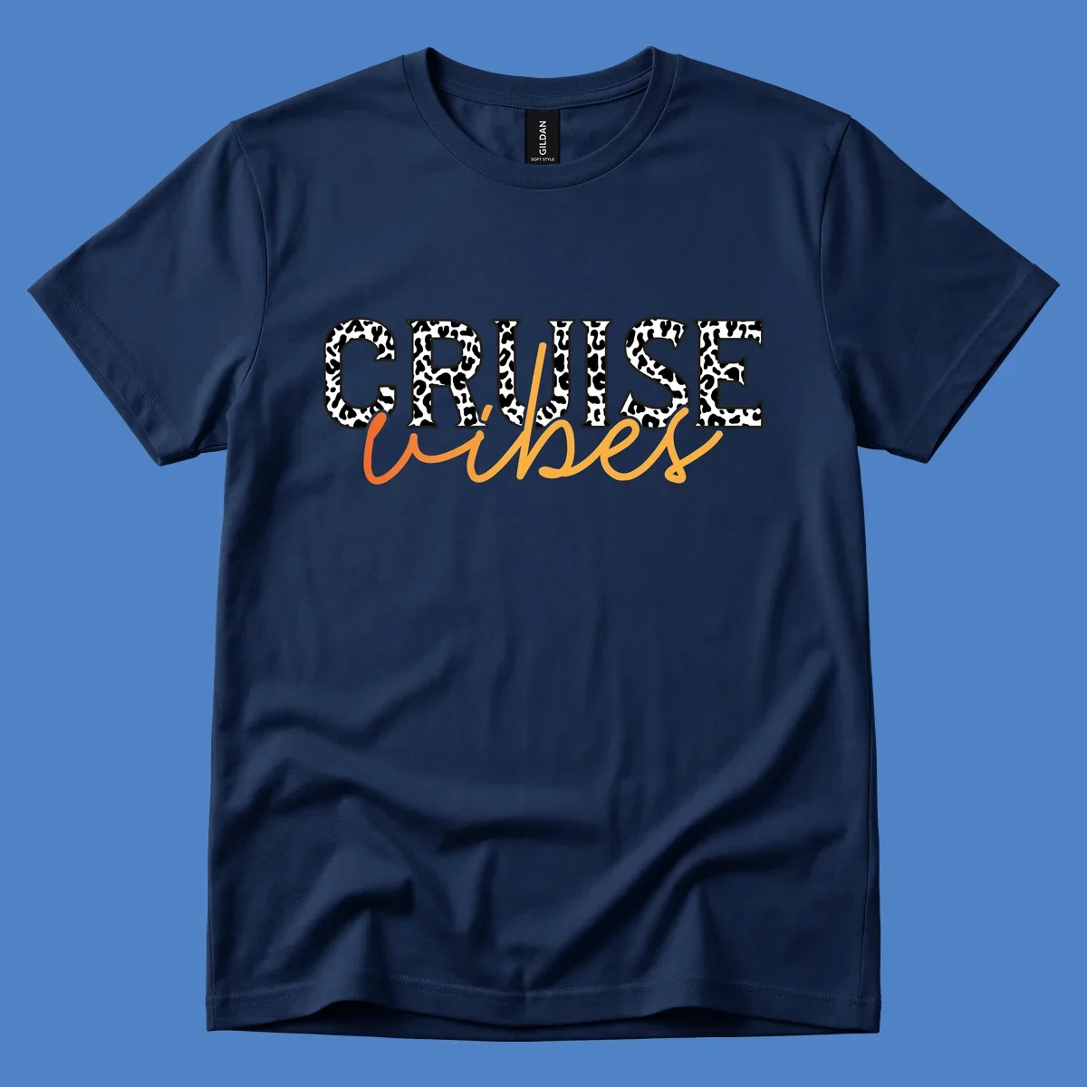 Leopard print text design reading 'CRUISE Vibes' in bold capitals and flowing script on gray background