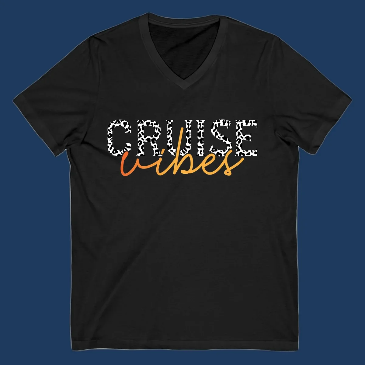 Leopard print text design reading 'CRUISE Vibes' in bold capitals and flowing script on gray background
