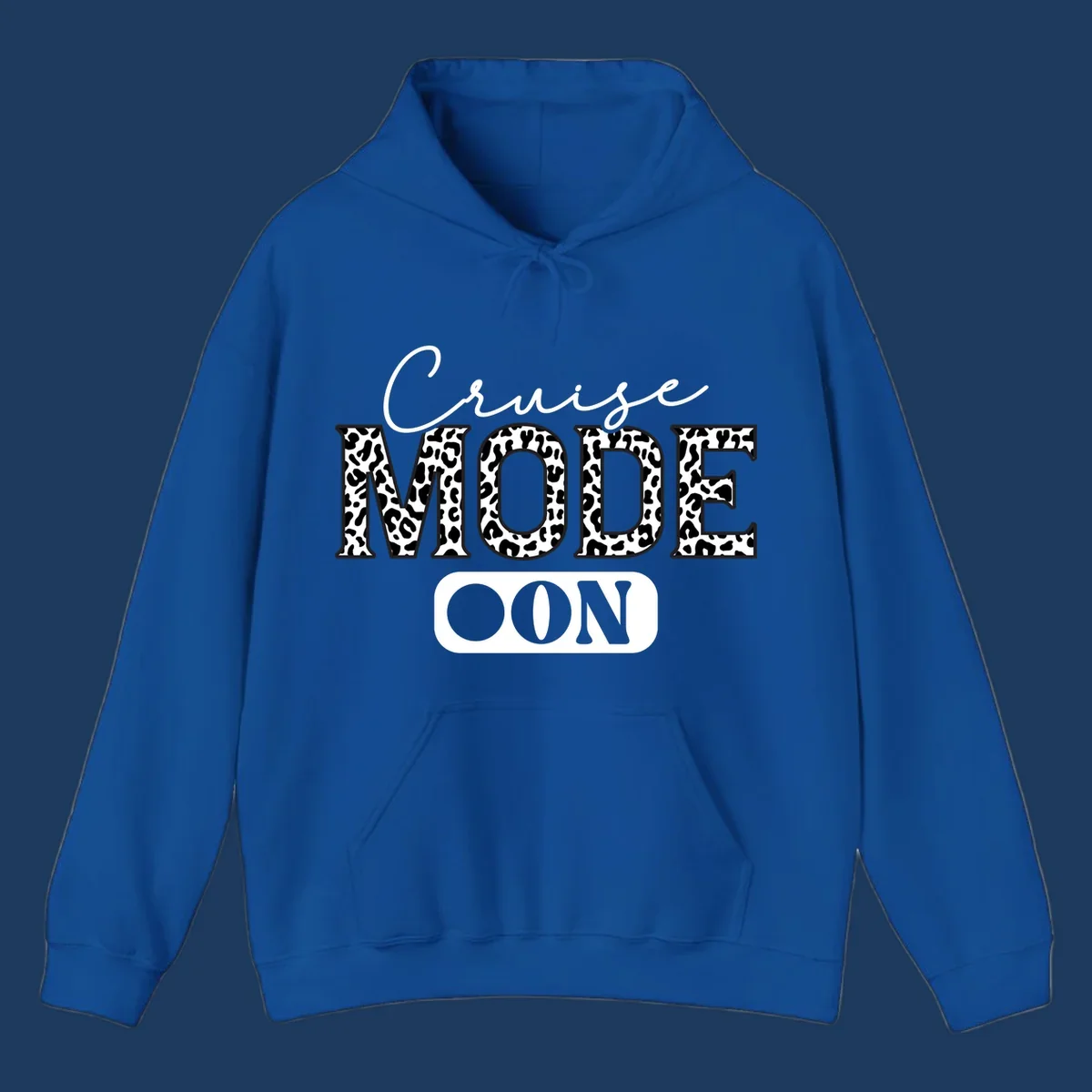Cruise mode leopard print design with cursive and bold lettering on gray background