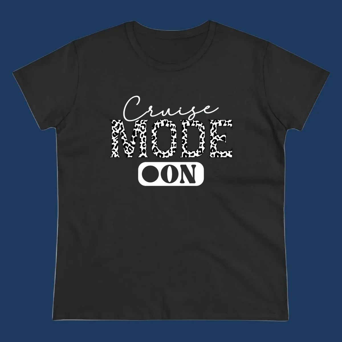 Cruise mode leopard print design with cursive and bold lettering on gray background