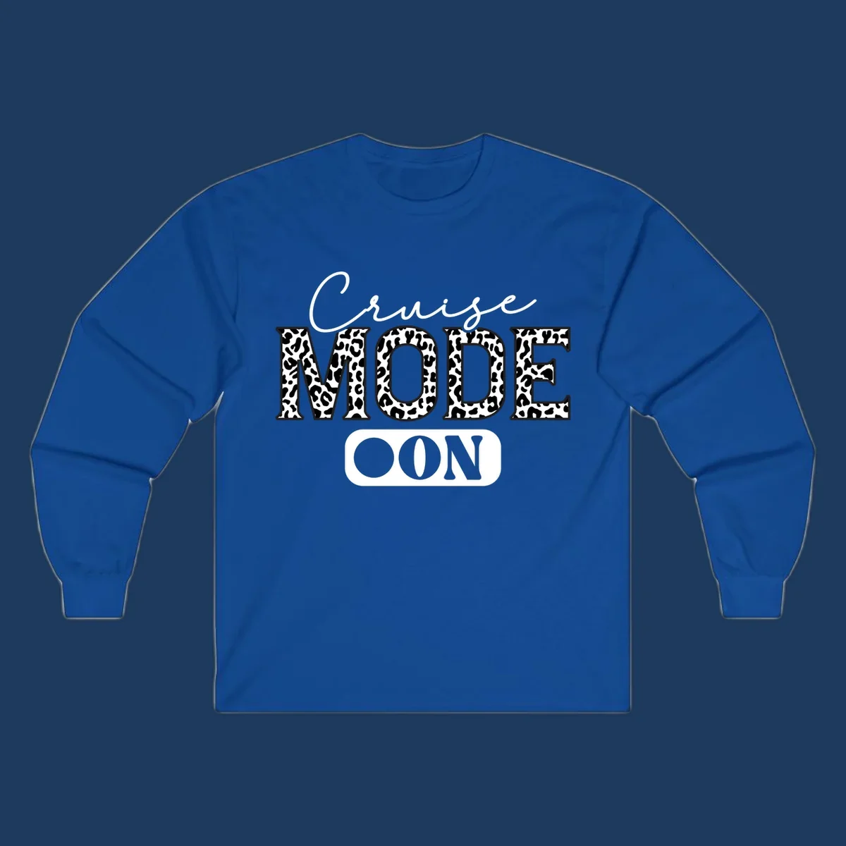 Cruise mode leopard print design with cursive and bold lettering on gray background