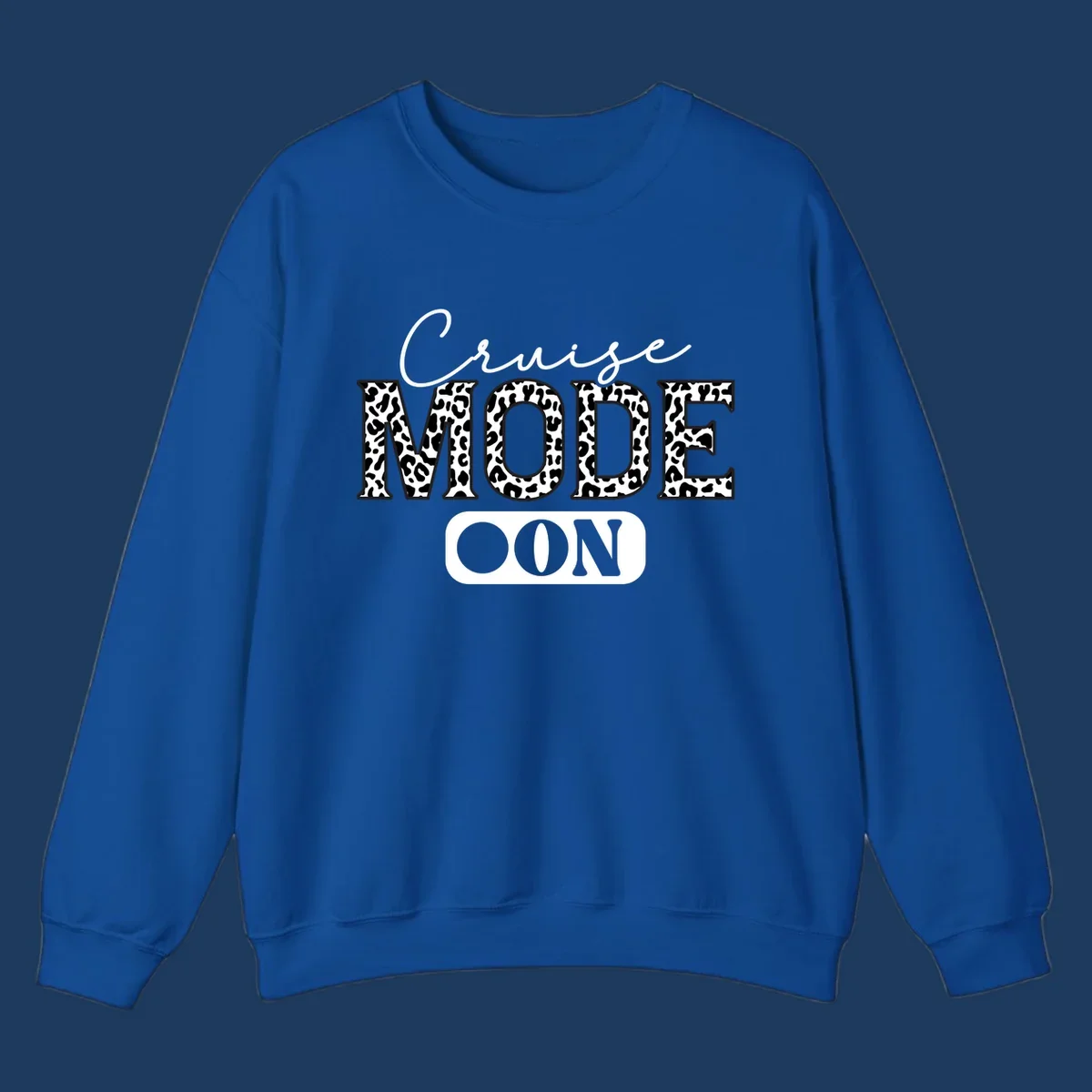 Cruise mode leopard print design with cursive and bold lettering on gray background