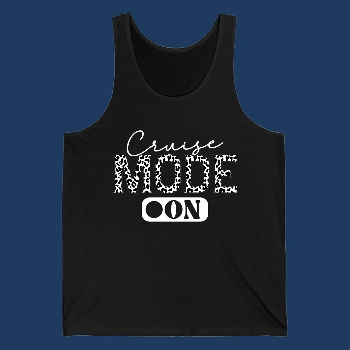 Cruise mode leopard print design with cursive and bold lettering on gray background
