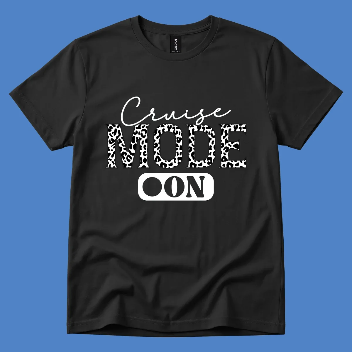 Cruise mode leopard print design with cursive and bold lettering on gray background