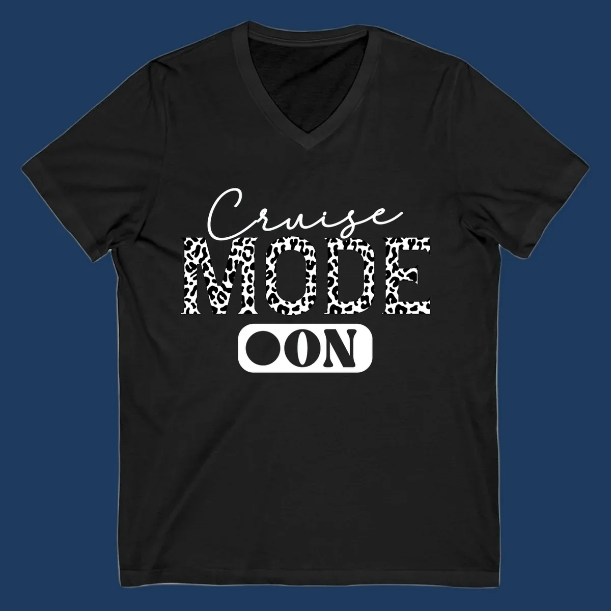 Cruise mode leopard print design with cursive and bold lettering on gray background