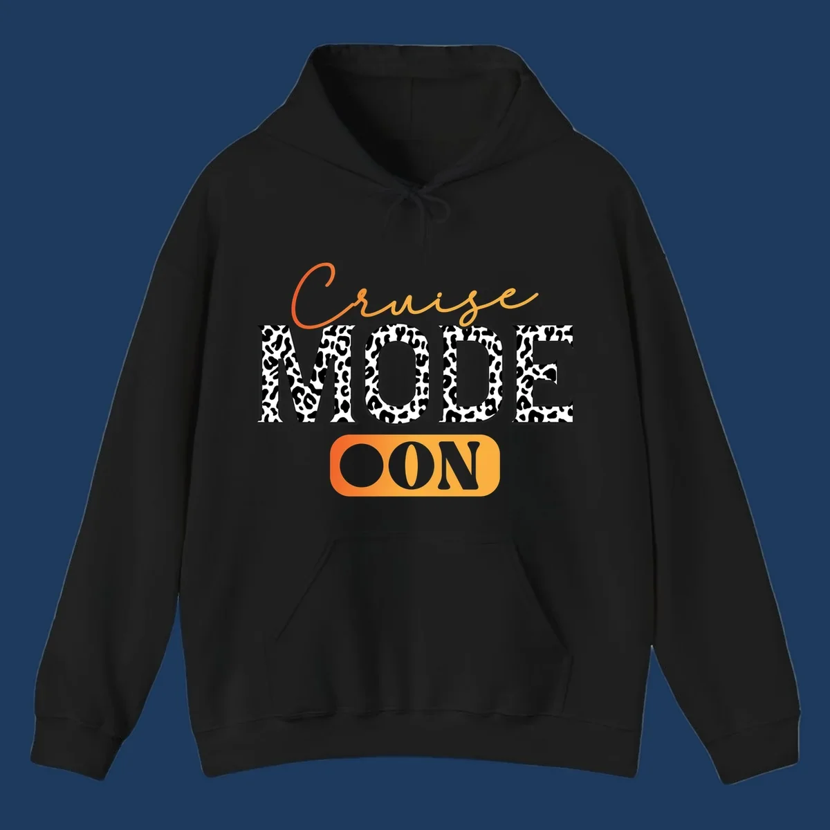 Cruise mode on design with orange cursive text and leopard print letters on gray background