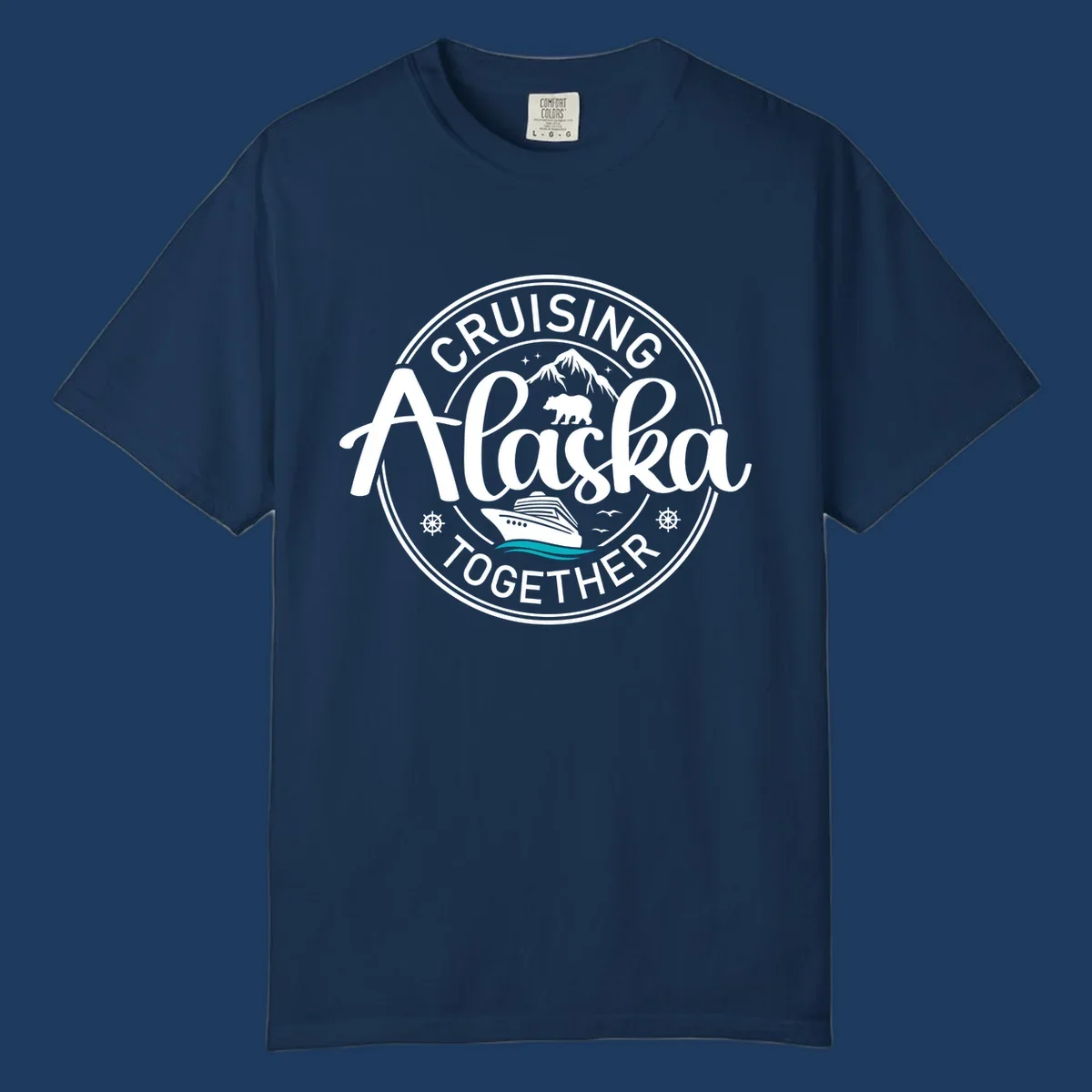 Circular badge design reading 'Cruising Alaska Together' with mountain, bear, and cruise ship illustrations in white and teal on gray background