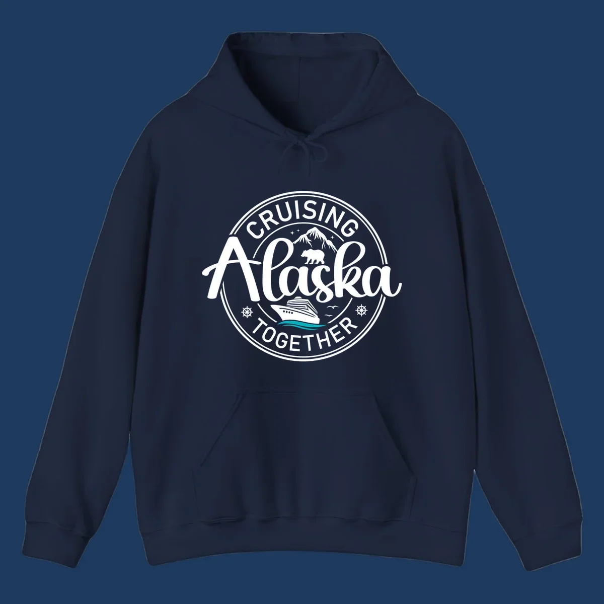 Circular badge design reading 'Cruising Alaska Together' with mountain, bear, and cruise ship illustrations in white and teal on gray background