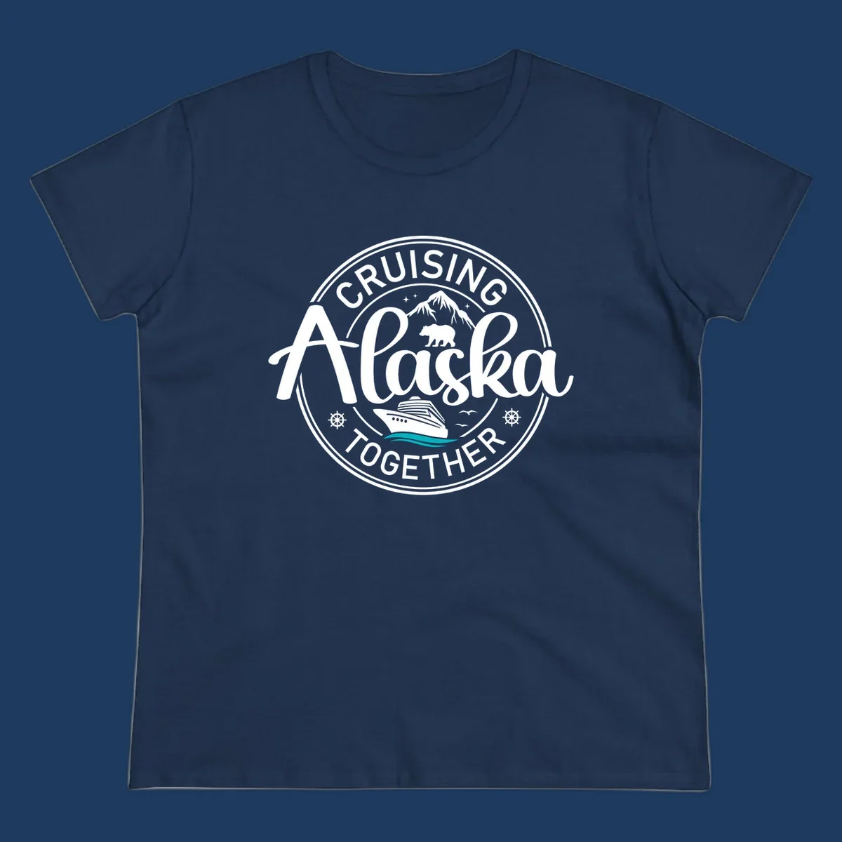 Circular badge design reading 'Cruising Alaska Together' with mountain, bear, and cruise ship illustrations in white and teal on gray background