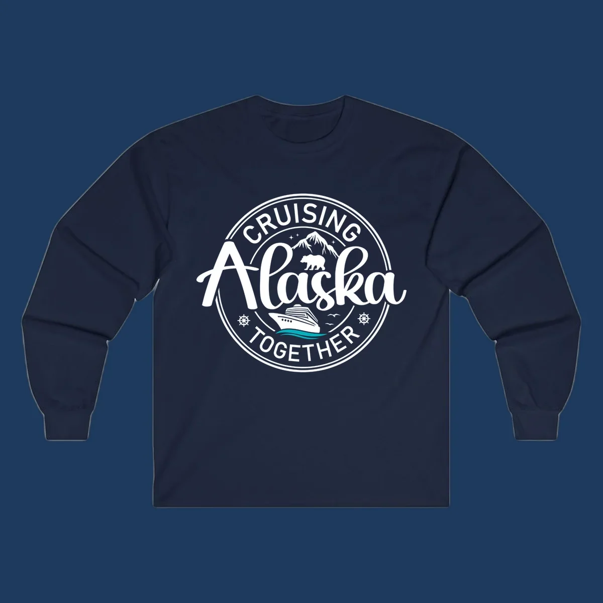 Circular badge design reading 'Cruising Alaska Together' with mountain, bear, and cruise ship illustrations in white and teal on gray background