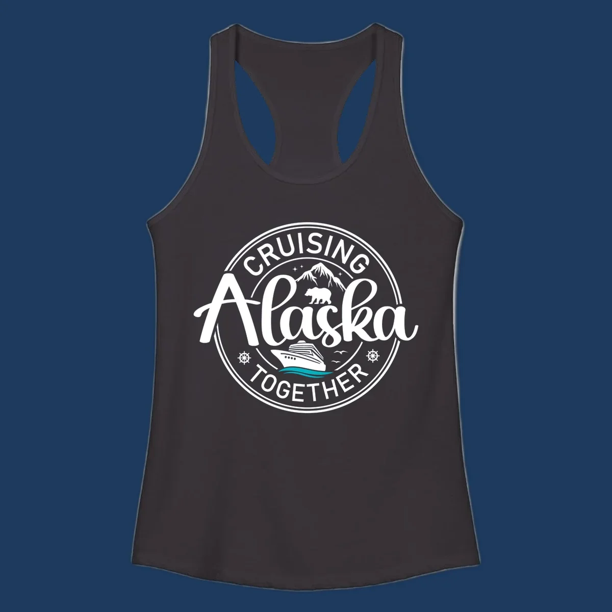 Circular badge design reading 'Cruising Alaska Together' with mountain, bear, and cruise ship illustrations in white and teal on gray background