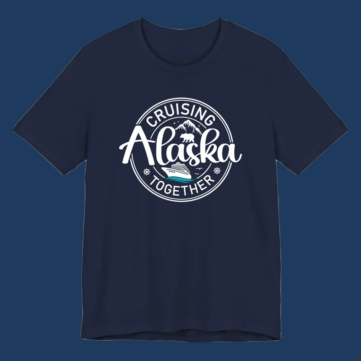 Circular badge design reading 'Cruising Alaska Together' with mountain, bear, and cruise ship illustrations in white and teal on gray background