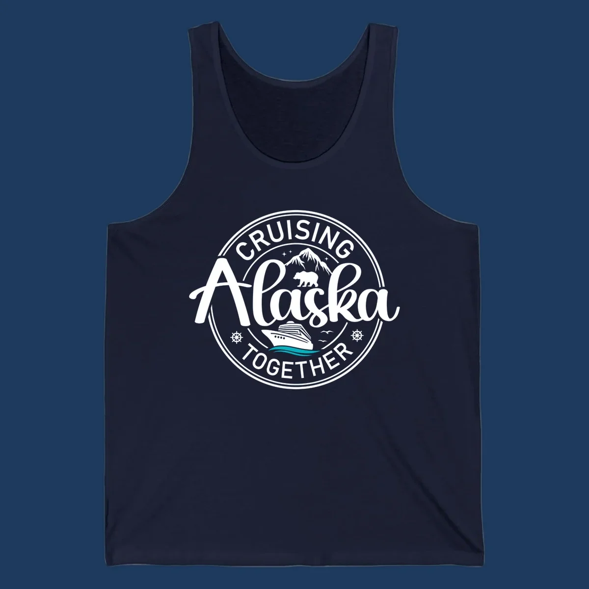 Circular badge design reading 'Cruising Alaska Together' with mountain, bear, and cruise ship illustrations in white and teal on gray background