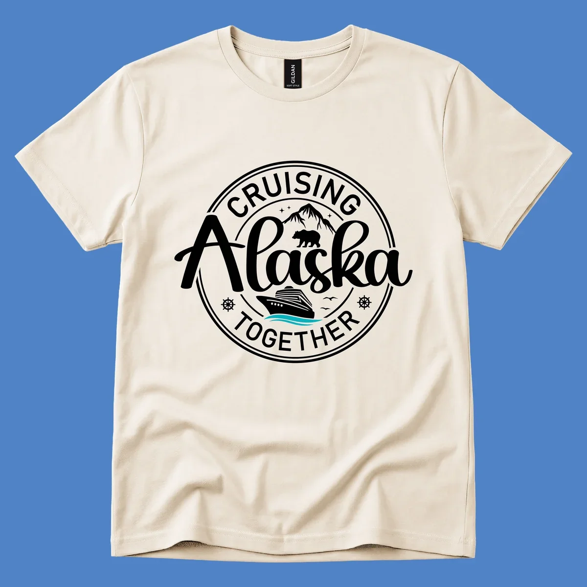 Circular badge design reading 'Cruising Alaska Together' with mountain, bear, and cruise ship illustrations in white and teal on gray background
