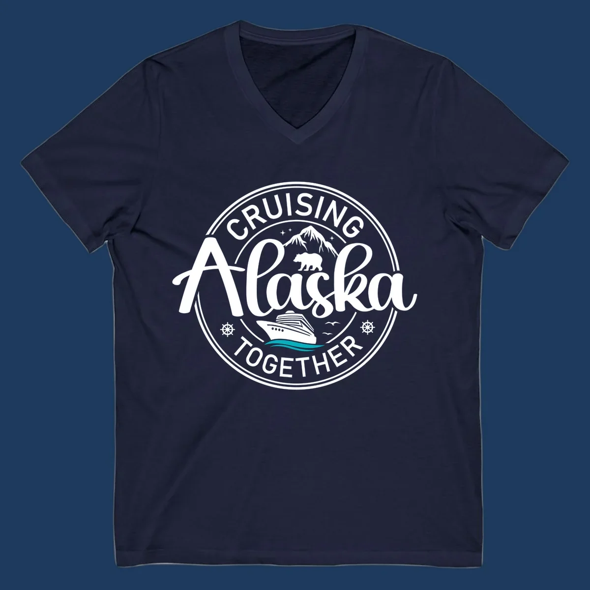 Circular badge design reading 'Cruising Alaska Together' with mountain, bear, and cruise ship illustrations in white and teal on gray background
