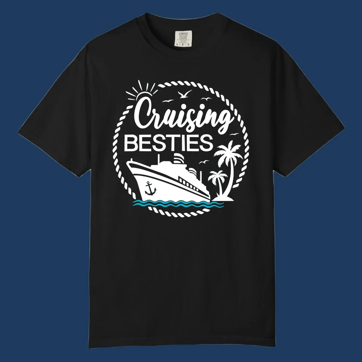 Cruising besties nautical badge design with cruise ship, palm trees, seagulls, and ocean waves in white on gray background