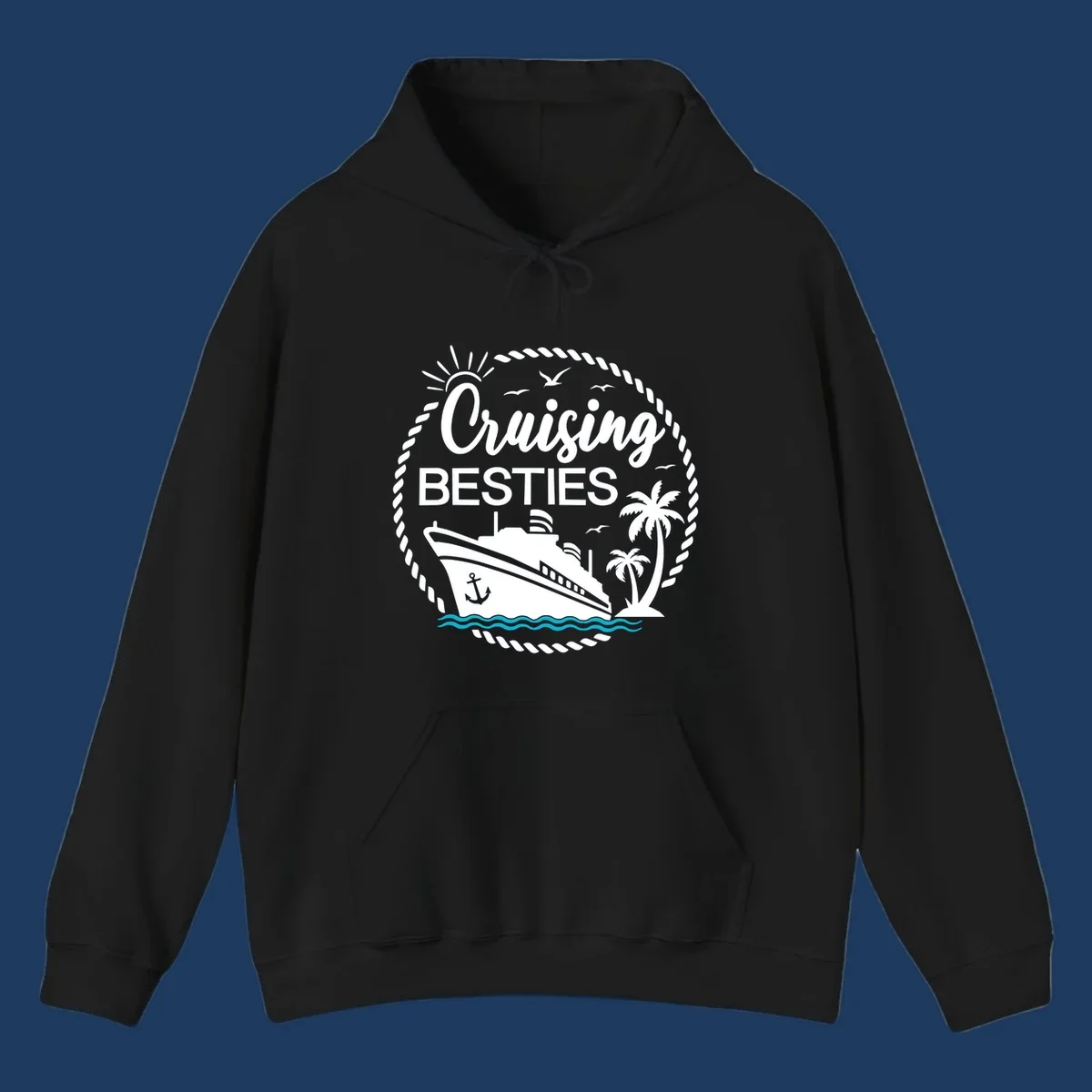 Cruising besties nautical badge design with cruise ship, palm trees, seagulls, and ocean waves in white on gray background